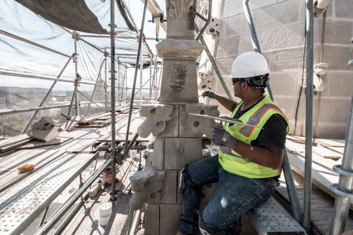 tuckpointing work being completed on a church cathedral