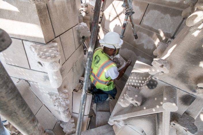 mortar repair on church steeple