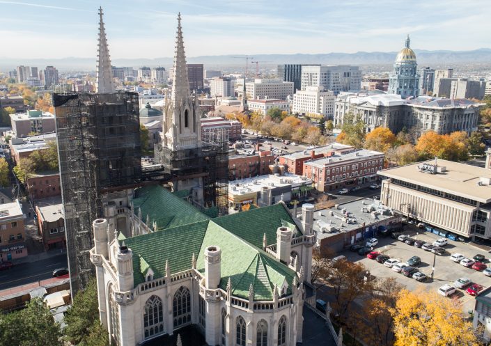 aerial view of the cathedral basilica in denver colorado