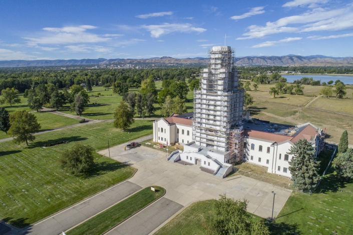 Iconic tower of memories building in Denver with Scaffolding