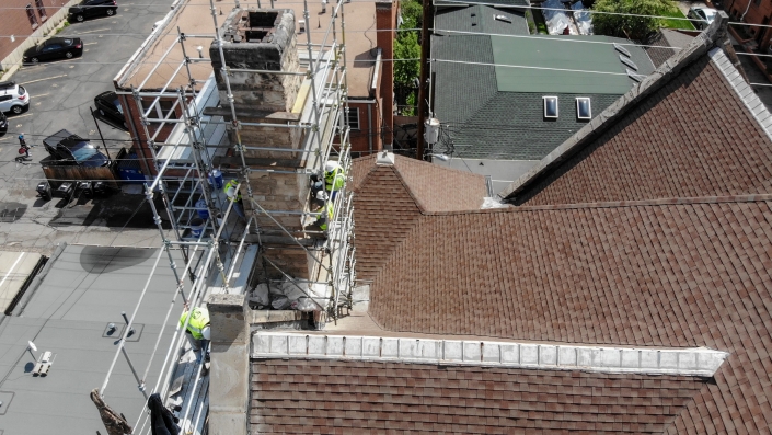 Aerial view of the First Unitarian Church restoration in Denver Colorado